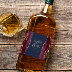 Étiquettes Pour Bouteilles De Liqueur Mariage Élégant Bourgogne Or Agate Bleu Nuit
