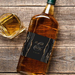 Étiquettes Pour Bouteilles De Liqueur Mariage Élégant Noir Or Agate Sombre