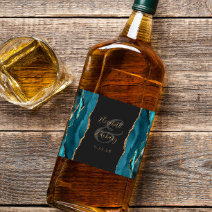Étiquettes Pour Bouteilles De Liqueur Mariage élégant sarcelle bleu or agate foncé