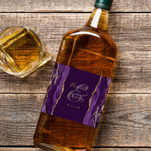 Étiquettes Pour Bouteilles De Liqueur Mariage Élégant Violet Or Agate Prune