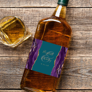 Étiquettes Pour Bouteilles De Liqueur Mariage élégant violet or agate sarcelle