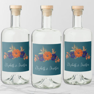 Étiquettes Pour Bouteilles De Liqueur Mariage Floral Automnal Rustique Orange Bleu Marin