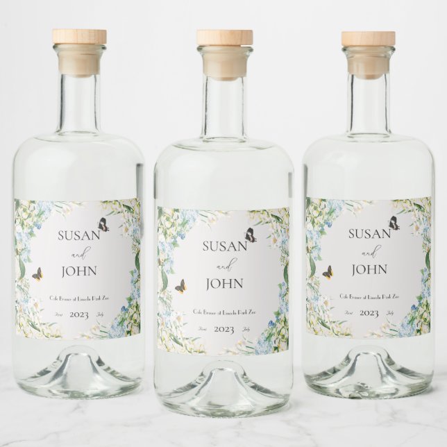 Étiquettes Pour Bouteilles De Liqueur Mariage floral bleu et blanc (Bouteilles)