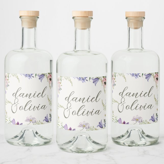 Étiquettes Pour Bouteilles De Liqueur Mariage floral pourpre et crème (Bouteilles)