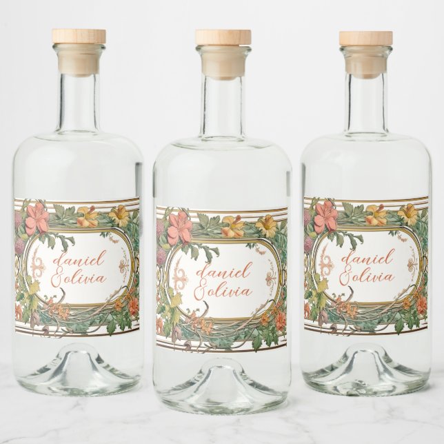 Étiquettes Pour Bouteilles De Liqueur Mariage frontalier orné fleur sauvage victorien (Bouteilles)