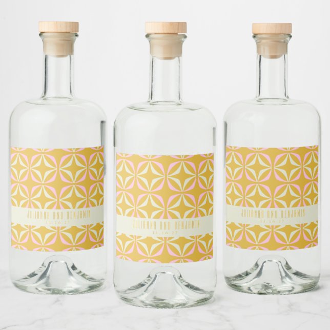 Étiquettes Pour Bouteilles De Liqueur Mariage Personnalisé Mid Mod Géométrique Jaune Ros (Bouteilles)