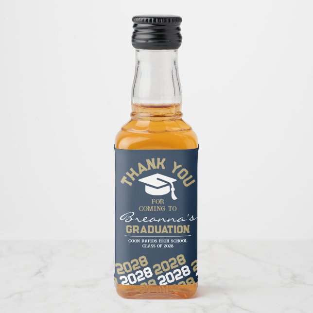 Étiquettes Pour Bouteilles De Liqueur Marine Blue & Gold Graduation Merci Mini (Devant)