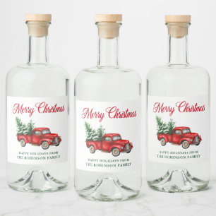 Étiquettes Pour Bouteilles De Liqueur Merry Christmas Watercolor Camion rouge classique