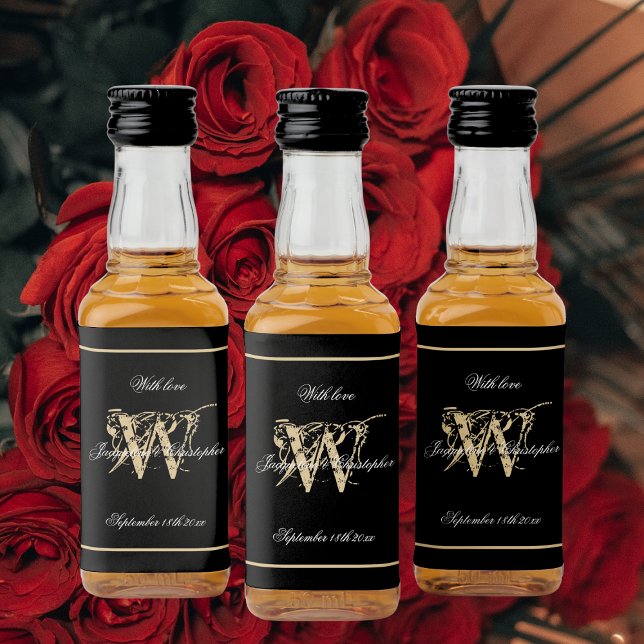 Étiquettes Pour Bouteilles De Liqueur Mini Mariage chic Monogramme noir & or élégant (Black, White and Gold Elegant Monogram Chic Wedding Mini Liquor Bottle Labels.)