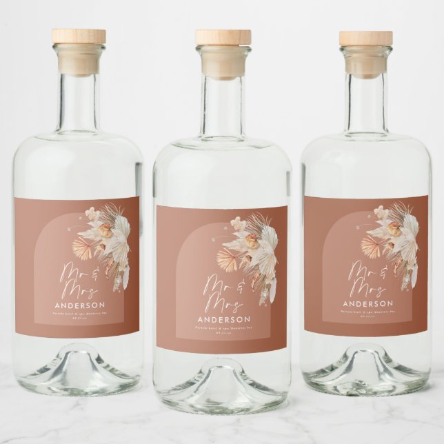Étiquettes Pour Bouteilles De Liqueur moderne terre cuite bohème pampas herbe M & Mme (Bouteilles)