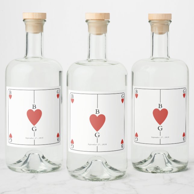 Étiquettes Pour Bouteilles De Liqueur Monogramme Coeurs de jeu Mariage de carte (Bouteilles)