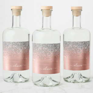 Étiquettes Pour Bouteilles De Liqueur Monogramme de Parties scintillant d'argent en méta