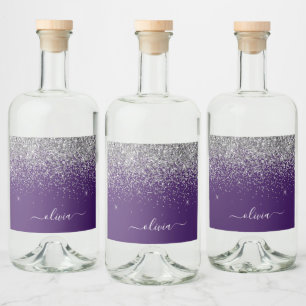 Étiquettes Pour Bouteilles De Liqueur Monogramme de Parties scintillant d'argent violet