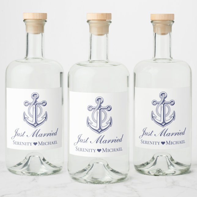 Étiquettes Pour Bouteilles De Liqueur Nautical Juste marié Marine Blue Ancre Mariage (Bouteilles)
