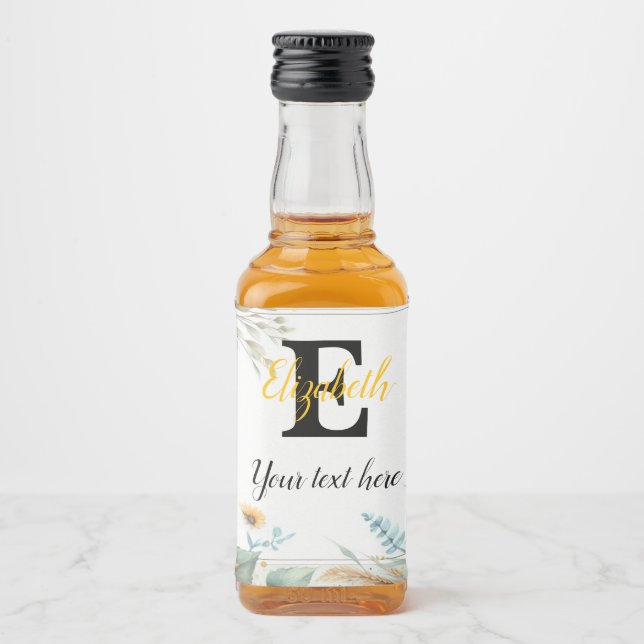 Étiquettes Pour Bouteilles De Liqueur Nom du monogramme texte tournesols aquarelle moder (Devant)