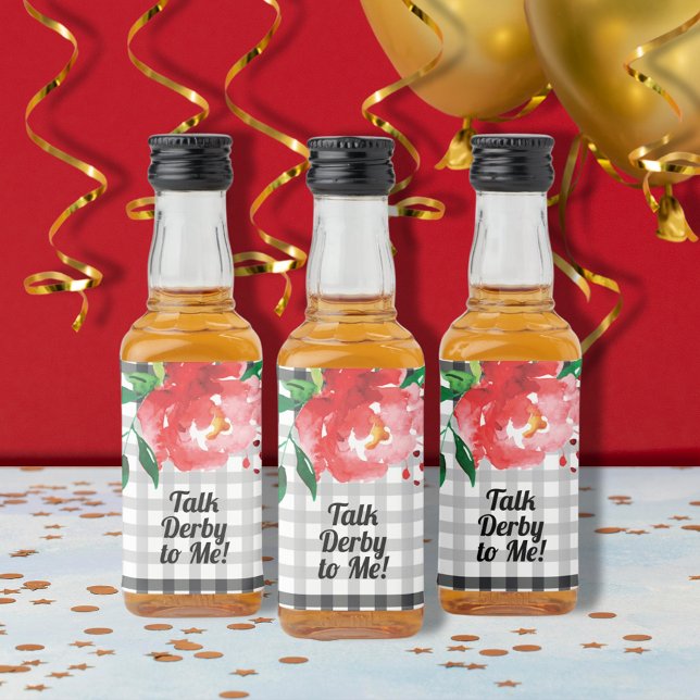 Étiquettes Pour Bouteilles De Liqueur Parlez Derby à moi Rose noir blanc Mini (Talk Derby to Me red rose on black and white mini liquor bottle labels)