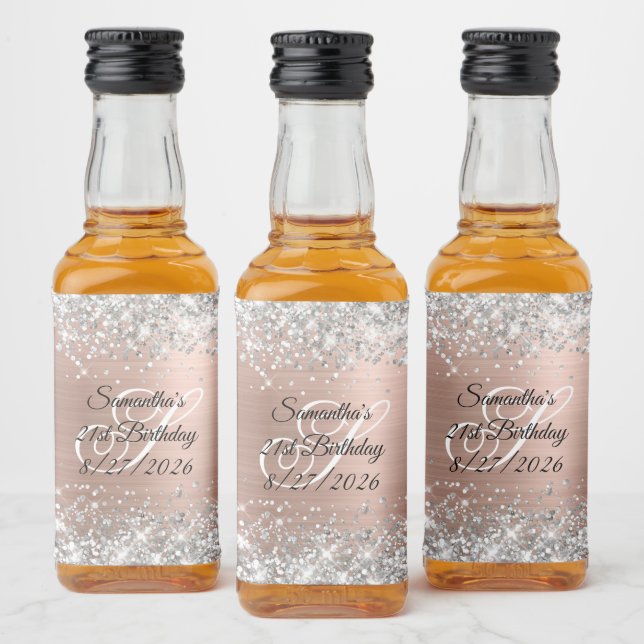 Étiquettes Pour Bouteilles De Liqueur Parties scintillant d'argent Rose or Monogramme 21 (Bouteilles)