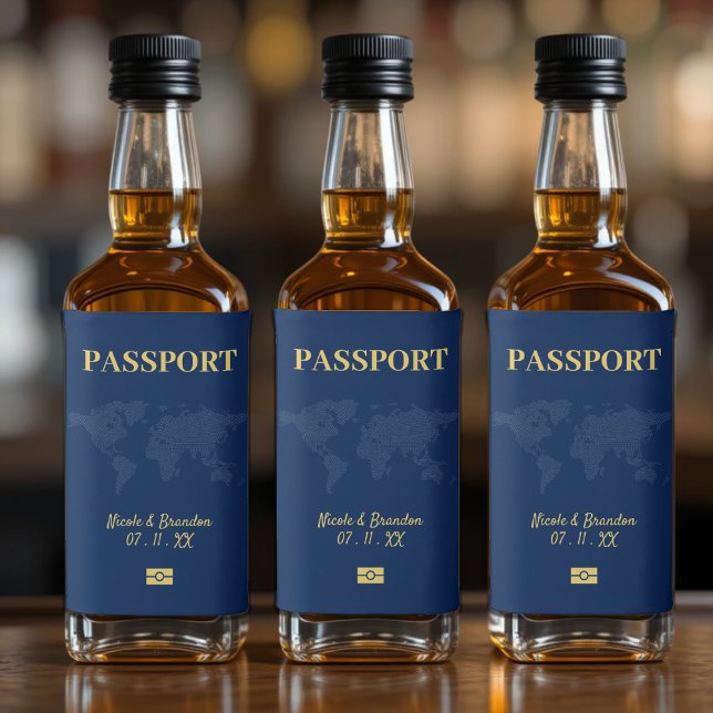 Étiquettes Pour Bouteilles De Liqueur Passeport bleu et jaune Destination Mariage (Blue & Yellow Passport Destination Wedding Liquor Bottle Label
)