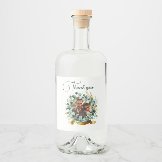 Étiquettes Pour Bouteilles De Liqueur PHOTO Mariage Merci Eucalyptus Feuille Cadeau (Devant)