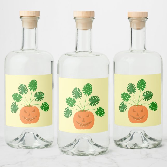 Étiquettes Pour Bouteilles De Liqueur Plante Halloween Monstera en Citrouille (Bouteilles)