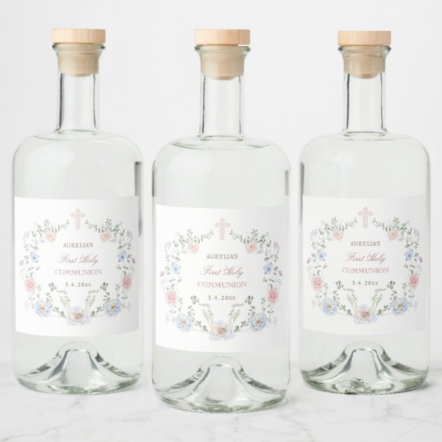 Étiquettes Pour Bouteilles De Liqueur Première communion de cadre floral élégant (Bouteilles)