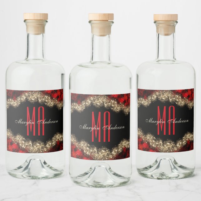 ÉTIQUETTES POUR BOUTEILLES DE LIQUEUR ROUGE & OR NOËL SHIMMER MONOGRAMME PERSONNALISÉ (Bouteilles)