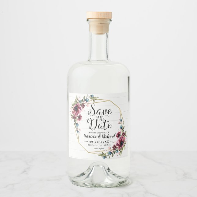 Étiquettes Pour Bouteilles De Liqueur Rustique Chic Bourgogne Mariage Floral Enregistrer (Devant)
