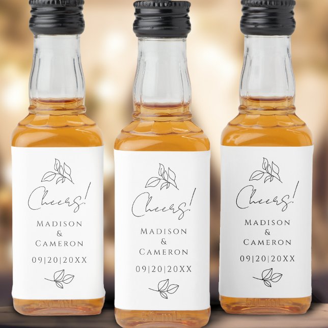 Étiquettes Pour Bouteilles De Liqueur Salue Mariage élégant Noir & Blanc Feuilles Favori (Cheers Elegant Wedding Black & White Leaves Favor Liquor Bottle Label)