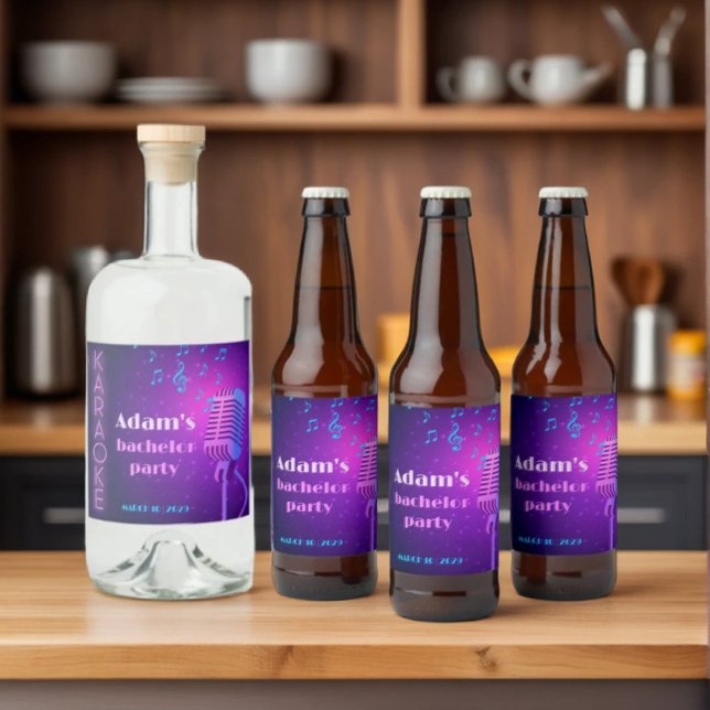Étiquettes Pour Bouteilles De Liqueur Soirée Karaoké Néon Personnalisé Enterrement de Vi (Créateur téléchargé)