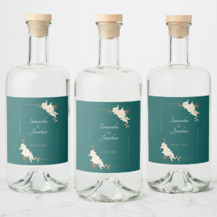 Étiquettes Pour Bouteilles De Liqueur Vert foncé avec Mariage Rose crème