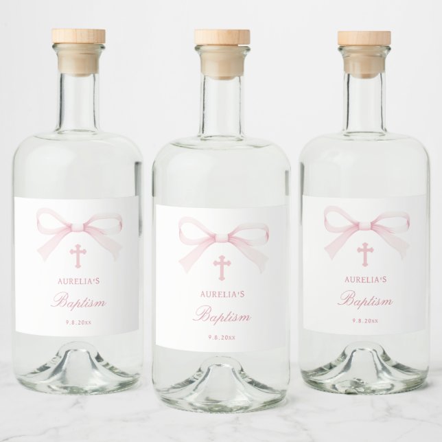 Étiquettes Pour Bouteilles De Liqueur Watercolor Pink Bow Baptism (Bouteilles)