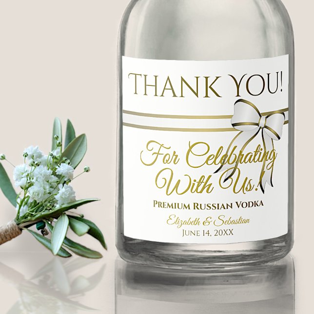 Étiquettes Pour Bouteilles De Liqueur White & Gold Ribbon Wedding Thank You (Créateur téléchargé)