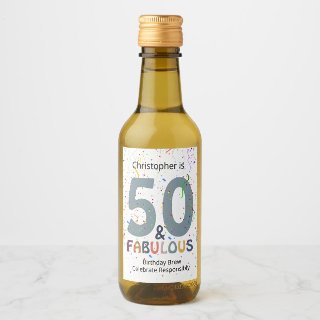 Étiquettes Pour Bouteilles De Vin 50 & Fabuleux Ajouter un nom Cute Blue Confetti An (Devant)