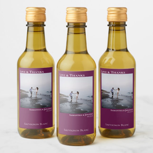 Étiquettes Pour Bouteilles De Vin Amour & Merci Magenta ou Berry Mariage Photo Mini (Bouteilles)