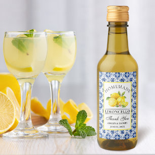 Étiquettes Pour Bouteilles De Vin Aquarelle Citrons Carreaux Bleus Limoncello Mini É