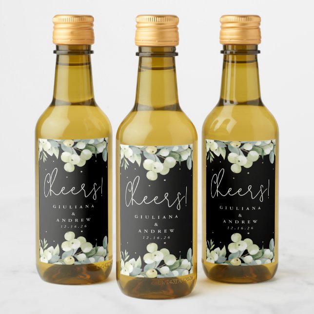 Étiquettes Pour Bouteilles De Vin Black Snowberry+Eucalyptus Mariage d'hiver Mini (Bouteilles)