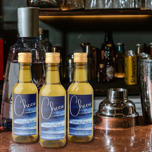 Étiquettes Pour Bouteilles De Vin Bleu marine moderne et blanc coups de pinceau aqua (Créateur téléchargé)