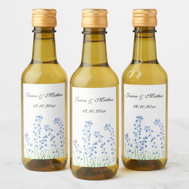 Étiquettes Pour Bouteilles De Vin Bluebells Bleu floral Aquarelle nature Mariage (Bouteilles)