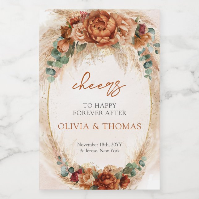 Étiquettes Pour Bouteilles De Vin Boho Terracotta et fleurs bordeaux pampas herbe (Étiquettes simples)