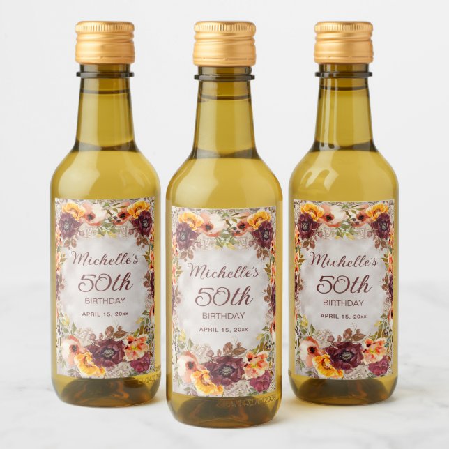 Étiquettes Pour Bouteilles De Vin Bourgogne Burnt Orange Floral Femmes 50e Anniversa (Bouteilles)