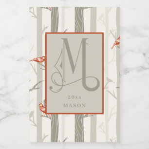 Étiquettes Pour Bouteilles De Vin Cardinaux amusants dans les bouleaux Monogramme M