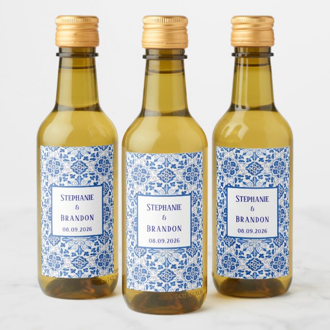 Étiquettes Pour Bouteilles De Vin Carreaux portugais Mariage méditerranéen bleu (Bouteilles)