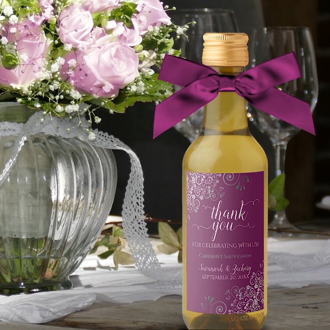 Étiquettes Pour Bouteilles De Vin Cassis magenta Mariage Lacy Silver Merci Mini (Créateur téléchargé)