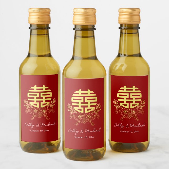 Étiquettes Pour Bouteilles De Vin Cercle double bonheur fleur mariage chinois (Bouteilles)