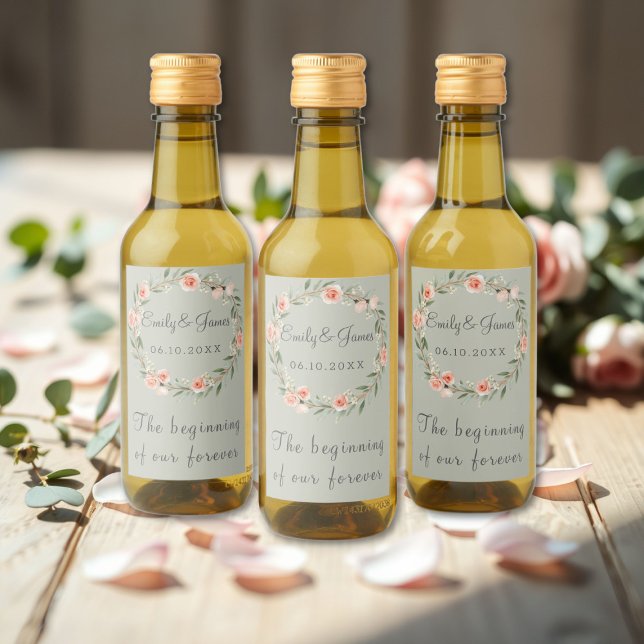 Étiquettes Pour Bouteilles De Vin Couronne rose verte et romantique (Créateur téléchargé)