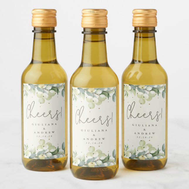 Étiquettes Pour Bouteilles De Vin Crème Snowberry+Eucalyptus Mariage d'hiver Mini (Bouteilles)