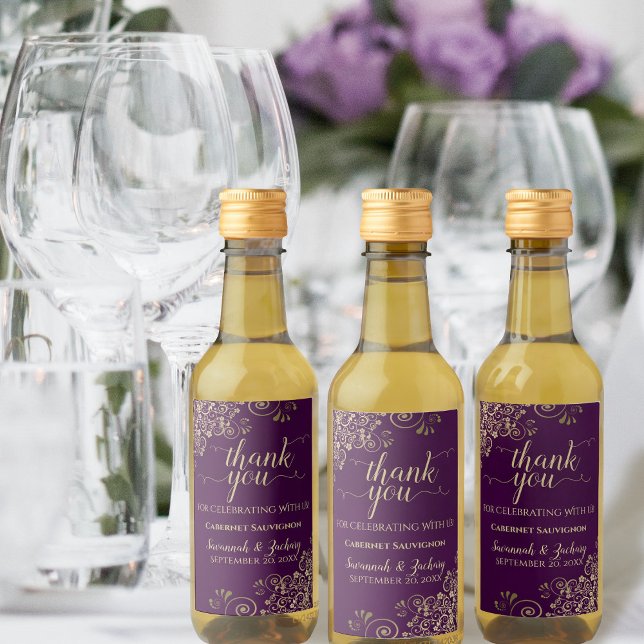 Étiquettes Pour Bouteilles De Vin Dentelle d'or sur Plum violet Merci Mariage Mini (Créateur téléchargé)