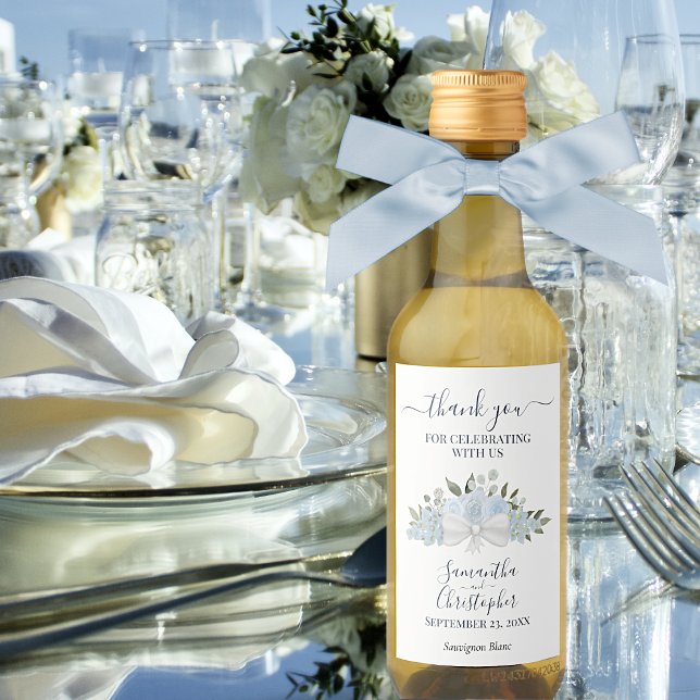 Étiquettes Pour Bouteilles De Vin Dusty Blue Floral élégant mariage Merci Mini (Créateur téléchargé)