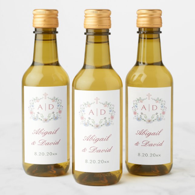 Étiquettes Pour Bouteilles De Vin Élégant cadre floral Monogrammes Mariages religieu (Bouteilles)