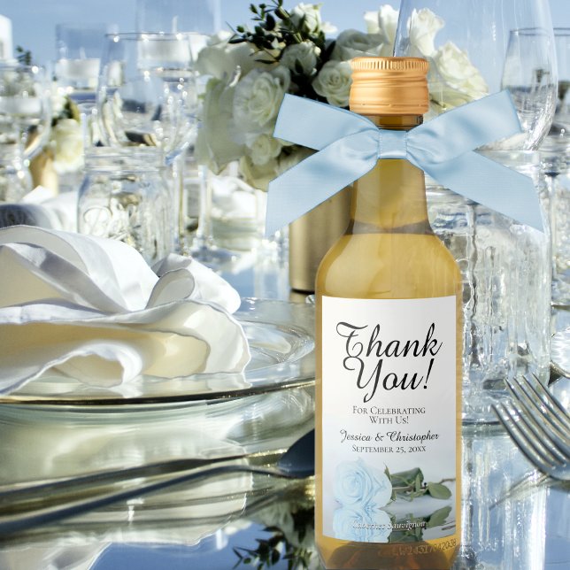 Étiquettes Pour Bouteilles De Vin Elégant Rose bleu Dusty Merci Mariage Mini (Créateur téléchargé)